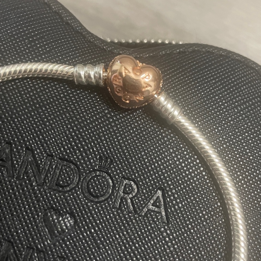 Pandora Silver Bracelet with 14k-RoseGold heart clasp